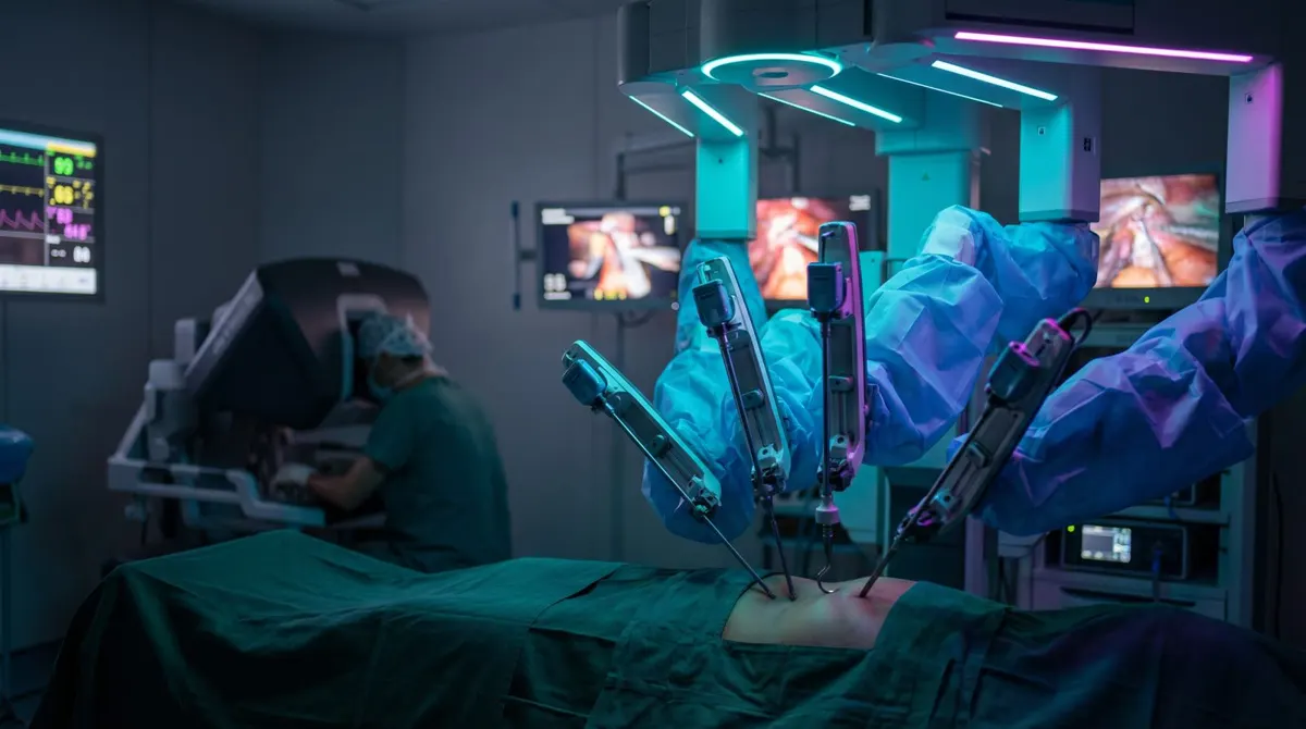 Robotic surgery operating room with the surgeon at the console, representative image