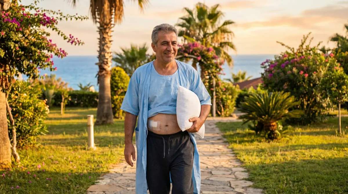 Patient walking in a garden shortly after surgery, representative image