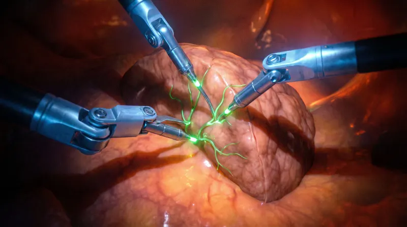Wristed robotic instruments dissecting an adrenal gland