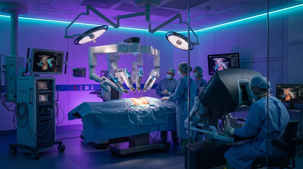 Robotic surgery operating room with the surgical team, representative image