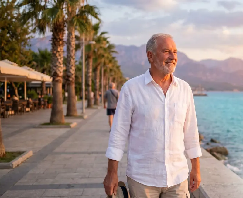 Man walking on a seaside promenade after recovery, representative image
