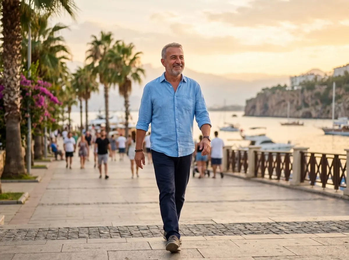 Man walking on a seaside promenade after recovery, representative image