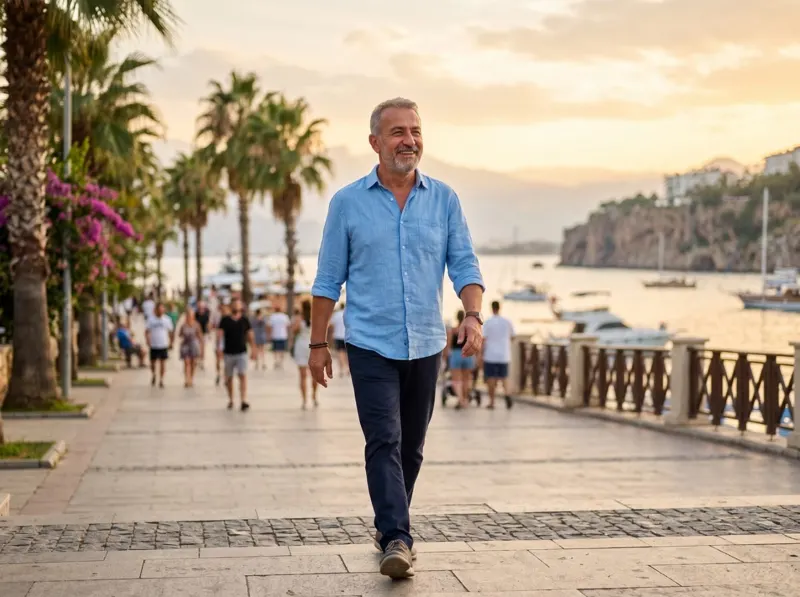 Man walking on a seaside promenade during recovery, representative image