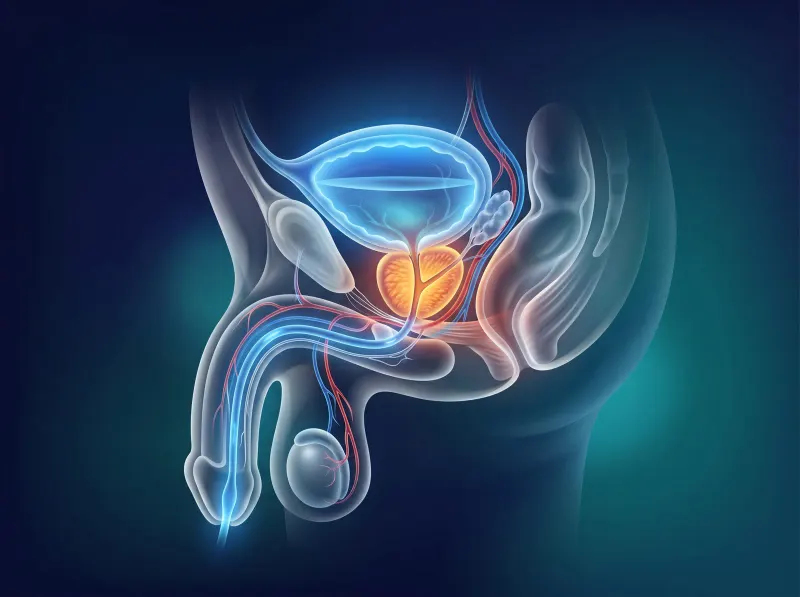 The prostate below the bladder, surrounding the urethra