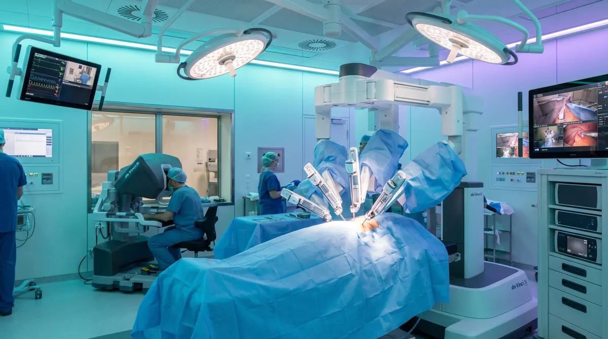 Robotic surgery operating room with the surgical team, representative image